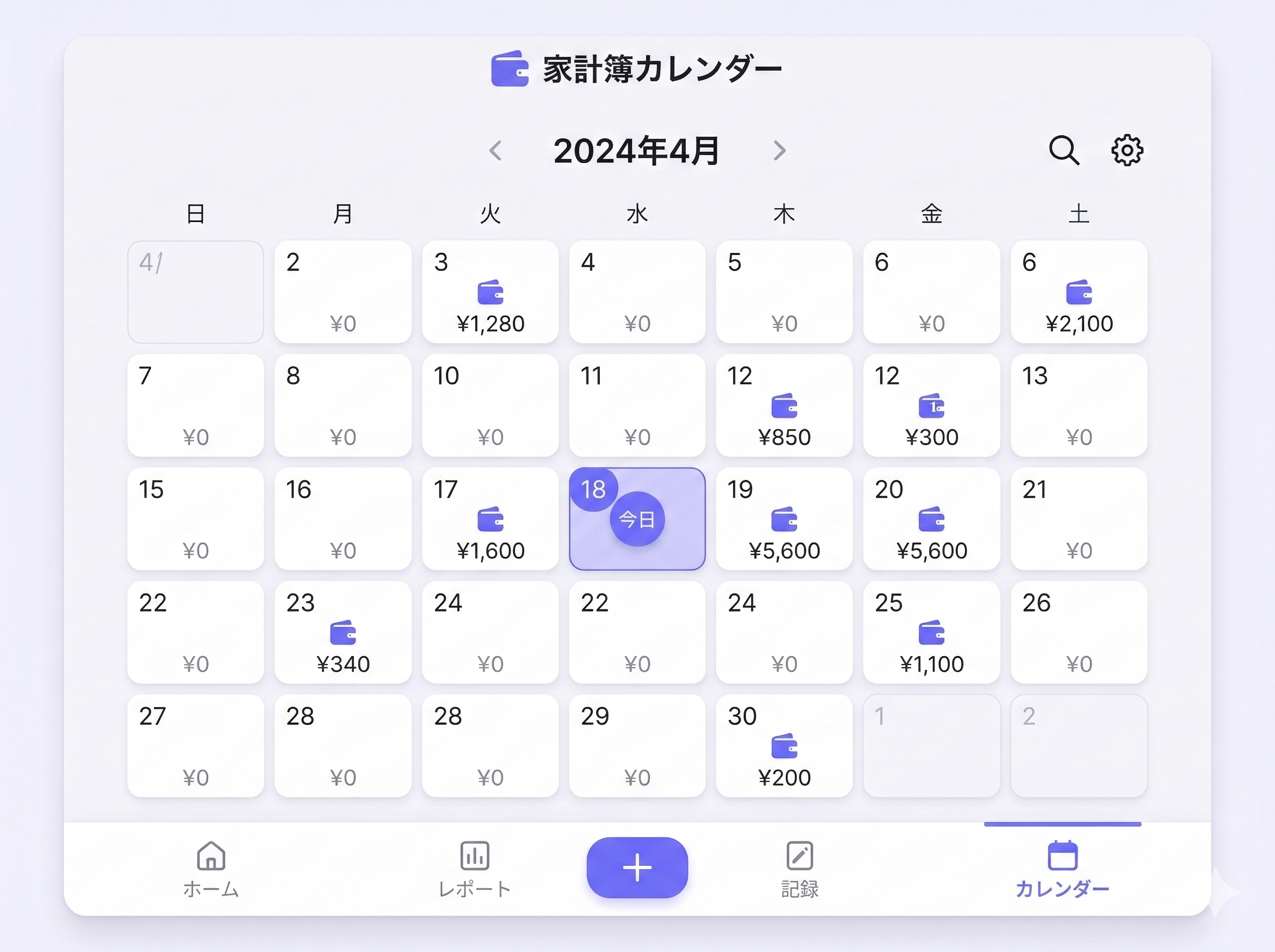 PC版家計簿カレンダー - 日ごとの支出金額をカレンダー形式で表示