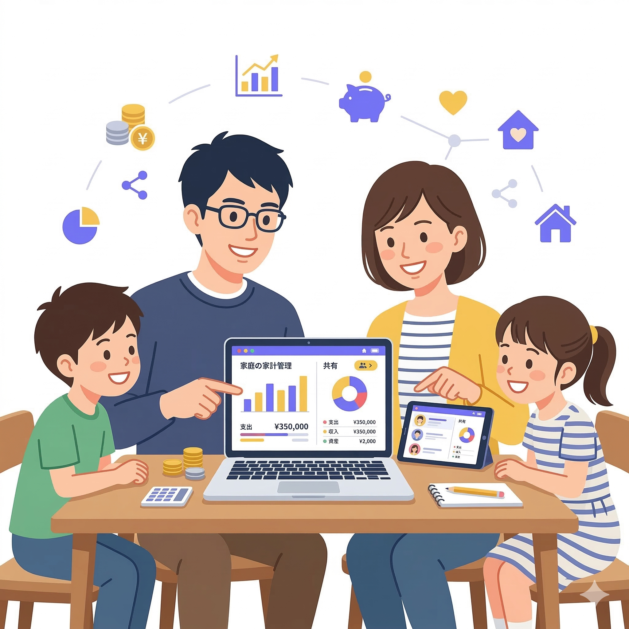家族でテーブルを囲んで家計簿を管理しているイラスト