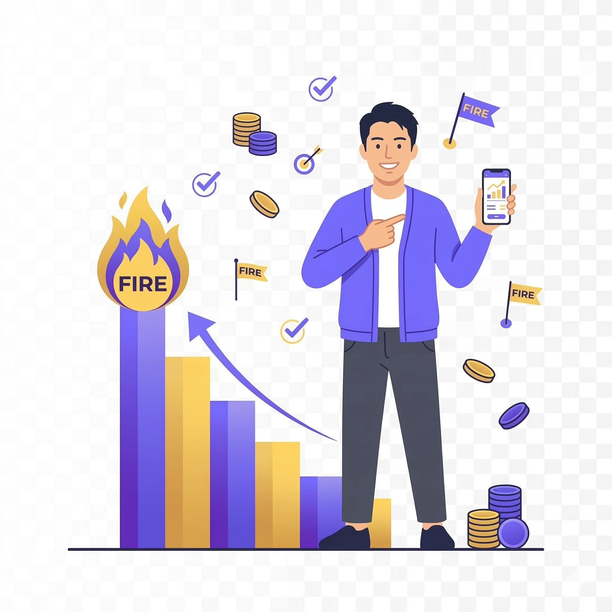 FIREを目指す男性がスマホでグラフを確認しているイラスト